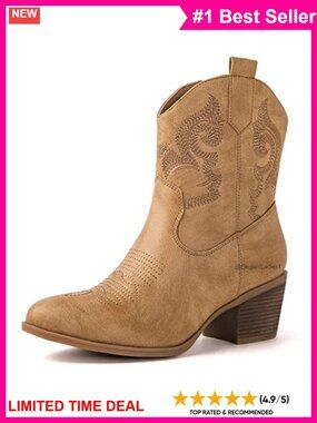 Faux Leather Western Ankle Cowboy Boots Short Round Toe Block Heel Women
